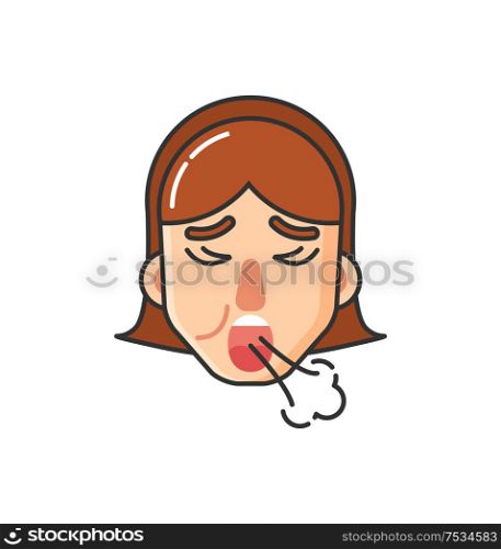 Allergy symptoms of girl, ill lady coughing isolated icon vector. Patient suffering from allergic reaction, intolerance of human body to allergens. Allergy Symptoms of Girl, Ill Lady Coughing Icon
