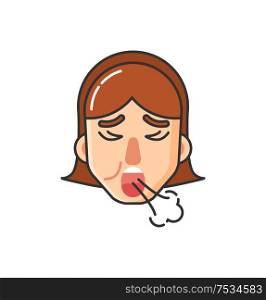 Allergy symptoms of girl, ill lady coughing isolated icon vector. Patient suffering from allergic reaction, intolerance of human body to allergens. Allergy Symptoms of Girl, Ill Lady Coughing Icon