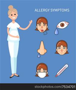 Allergy symptoms of patient, doctor showing results of allergens impact on human vector. Sneezing of girl, red eyes and teardrops, fever rash on face. Allergy Symptoms of Patient Doctor Showing Results