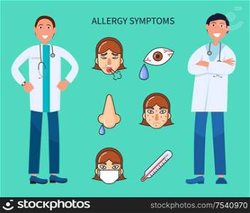 Allergy symptoms, patient sneezing and crying vector. Girl with high temperature and fever, doctors with prescription finding solution cure of illness. Allergy Symptoms, Patient Sneezing and Crying