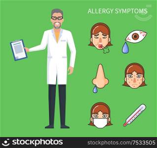Allergy symptoms poster, cough and rhinitis with high temperature and headache. . Seasonal flu symptoms vector poster with doctor and fever symbols. Allergy Symptoms Poster, Cough and Rhinitis Vector
