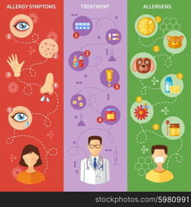 Allergy Symptoms Vertical Banners. Allergy vertical banners with symptoms medical treatment and various allergens isolated vector illustration