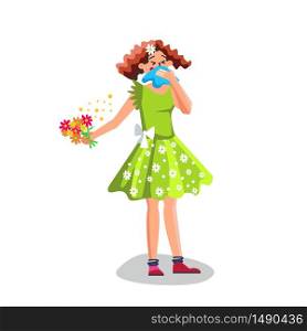 Allergy Woman Sneezing In Handkerchief Vector. Allergy Young Girl Blowing In Napkin, Allergic Reaction Of Immune System On Seasonal Flowers Bouquet. Character Flat Cartoon Illustration. Allergy Woman Sneezing In Handkerchief Vector Illustration