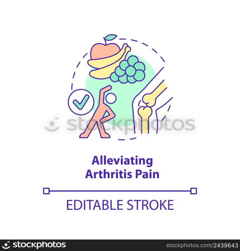 Alleviating arthritis pain concept icon. Relieve symptoms. Benefit of vegan diet abstract idea thin line illustration. Isolated outline drawing. Editable stroke. Arial, Myriad Pro-Bold fonts used. Alleviating arthritis pain concept icon