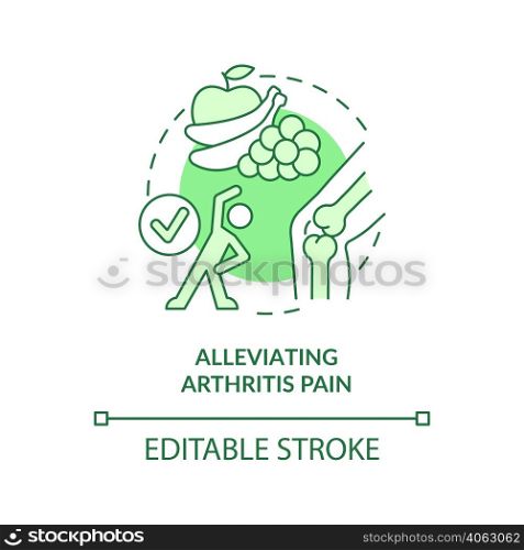 Alleviating arthritis pain green concept icon. Relieve symptoms. Vegan diet benefit abstract idea thin line illustration. Isolated outline drawing. Editable stroke. Arial, Myriad Pro-Bold fonts used. Alleviating arthritis pain green concept icon