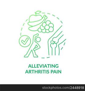 Alleviating arthritis pain green gradient concept icon. Relieve symptoms. Vegan diet benefit abstract idea thin line illustration. Isolated outline drawing. Myriad Pro-Bold font used. Alleviating arthritis pain green gradient concept icon
