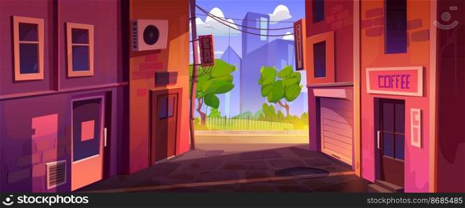 Alleyway with store and coffee house doors in buildings and view to summer city park and skyscrapers on horizon. Cityscape with empty back street alley, vector cartoon illustration. Alleyway with store and coffee house doors