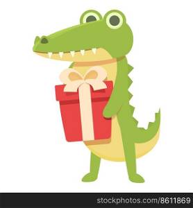 Alligator with gift box icon cartoon vector. Cute animal. Baby reptile. Alligator with gift box icon cartoon vector. Cute animal