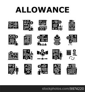 Allowance Finance Help Collection Icons Set Vector. Checking Status And Issue Of Allowance, Loss Of Breadwinner And Pregnancy Glyph Pictograms Black Illustrations. Allowance Finance Help Collection Icons Set Vector