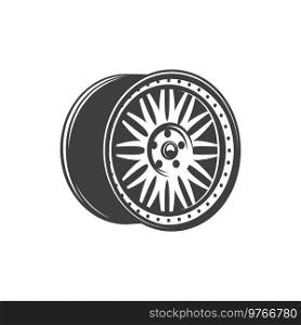 Alloy wheel or car metal rim icon. Vector isolated vehicle wheel rim. Car wheel metal alloy rim, vehicle part icon