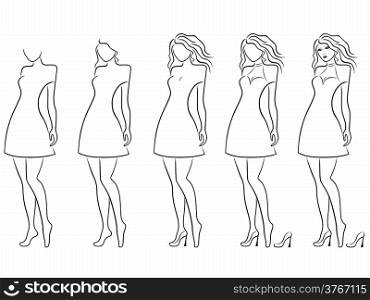 Alluring young women vector contour in hand drawing sequence with five steps. Model of each stage can be used as a self-contained image. Alluring women contour in hand drawing sequence