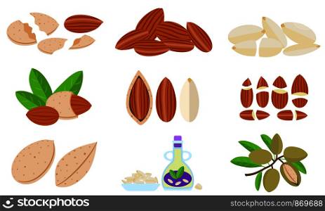 Almond icons set. Flat set of almond vector icons for web design. Almond icons set, flat style