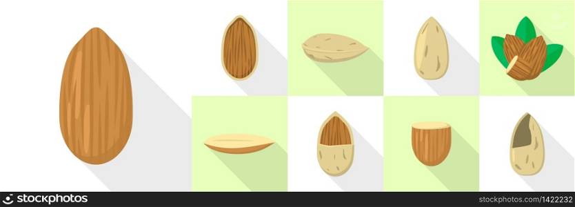 Almond nut icons set. Flat set of almond nut vector icons for web design. Almond nut icons set, flat style