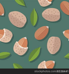 Almond Nuts Seamless Pattern. Almond nuts seamless pattern. Ripe almond kernels with leaves in flat. Almond on a dark green background. Several almond kernels. Healthy vegetarian food. Vector illustration