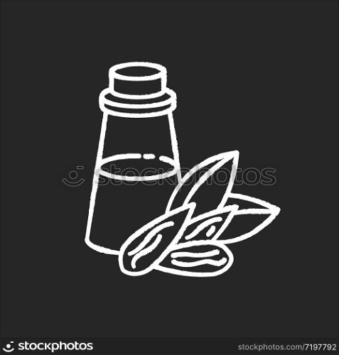Almond oil chalk white icon on black background. Organic ingredient for essence. Massage oil. Natural cosmetic product for dry hair treatment. Isolated vector chalkboard illustration