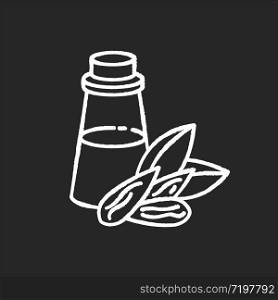 Almond oil chalk white icon on black background. Organic ingredient for essence. Massage oil. Natural cosmetic product for dry hair treatment. Isolated vector chalkboard illustration