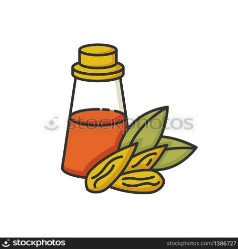 Almond oil RGB color icon. Raw nut extract in liquid form. Organic ingredient for essence. Massage oil. Natural cosmetic product for dry hair treatment. Isolated vector illustration. Almond oil RGB color icon. Raw nut extract in liquid form. Organic ingredient for essence. Massage oil. Natural cosmetic product for dry hair treatment. Isolated vector illustration.