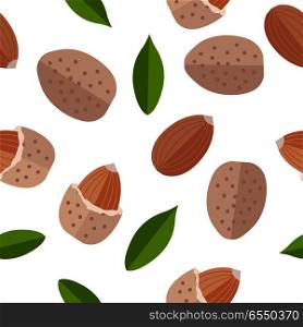 Almond seamless pattern vector in flat design. Traditional snack. Healthy food. Nut ornament for wallpapers, polygraphy, textiles, web page design, surface textures. Isolated on white background.. Almond Nuts Seamless Pattern Vector in Flat Design.. Almond Nuts Seamless Pattern Vector in Flat Design.