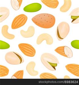 Almonds, pistachio, cashew seamless vector pattern on white background. Top view. Food healthcare cosmetics ointments oil. For cloth, decoration, wrapping, background, package. Almonds, pistachio, cashew seamless vector pattern on white background.