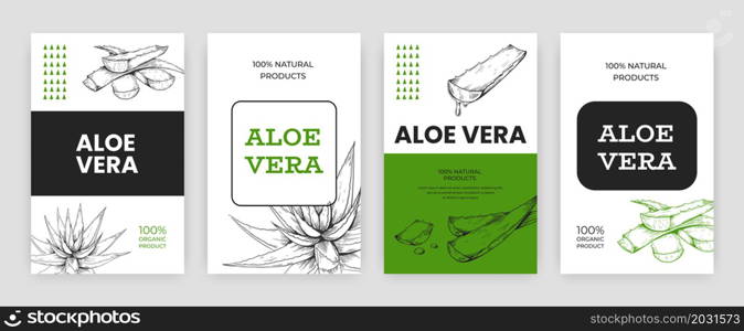 Aloe beauty label. Cosmetics packaging emblem with hand drawn botanical sketches. Skin care organic product container design with herbal engraving. Vector advertising package mockup set for branding. Aloe beauty label. Cosmetics packaging emblem with hand drawn botanical sketches. Organic product container with herbal engraving. Vector advertising package mockup set for branding