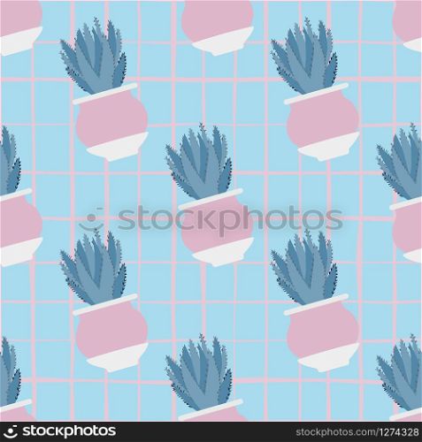 Aloe cactus in pot seamless pattern on stripes background. Houseplant cacti wallpaper. Design for fabric, textile print, wrapping paper, kitchen textiles. Vector illustration.. Aloe cactus in pot seamless pattern on stripes background.