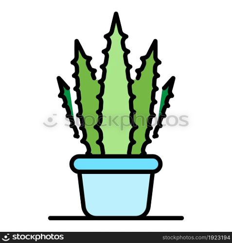 Aloe home pot icon. Outline aloe home pot vector icon color flat isolated on white. Aloe home pot icon color outline vector