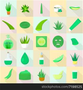 Aloe icons set. Flat set of aloe vector icons for web design. Aloe icons set, flat style