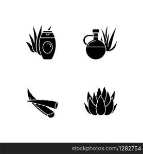 Aloe vera black glyph icons set on white space. Botanical sprouts. Medicinal herb. Cactus and succulent leaf. Cosmetic cream. Healthy skincare. Silhouette symbols. Vector isolated illustration