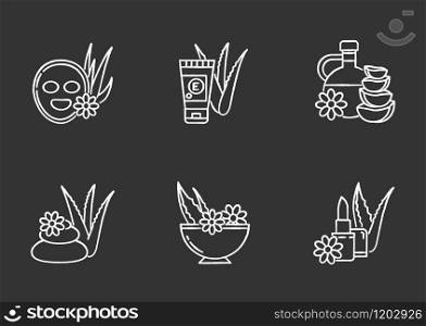 Aloe vera chalk white icons set on black background. Cosmetology. Spa treatment. Facial mask. Herbal oil. Organic lip balm. Skincare products. Isolated vector chalkboard illustrations