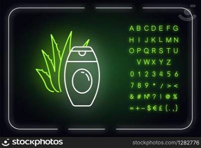 Aloe vera cream neon light icon. Plant based lotion. Skincare treatment with medicinal herbs. Outer glowing effect. Sign with alphabet, numbers and symbols. Vector isolated RGB color illustration