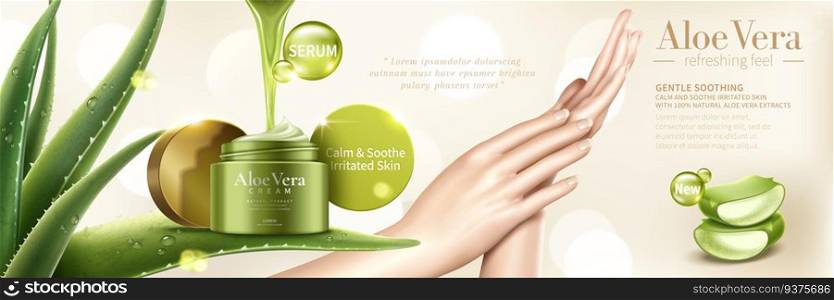 Aloe vera cream with extract liquid dripping down from top, model’s hand in the middle in 3d illustration. Aloe vera cream ad