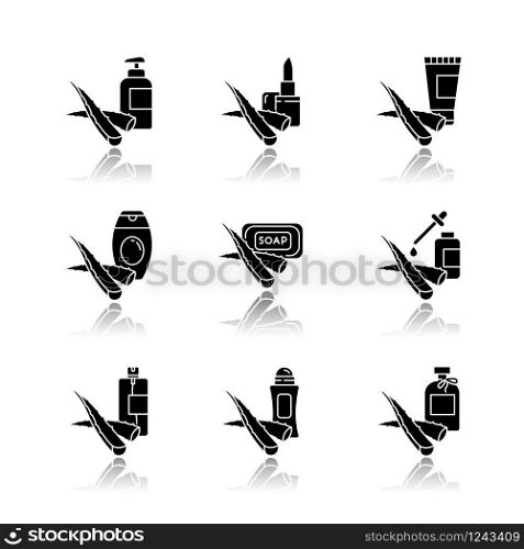 Aloe vera drop shadow black glyph icons set. Cosmetic products with medicinal plant. Natural cream, organic lotion. Deodorant, lip balm. Essence, serum. Isolated vector illustrations on white space