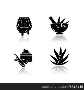 Aloe vera drop shadow black glyph icons set. Juice from cut succulent. Liquid from sliced cactus leaf. Mortar with pestle for botanical ingredients. Isolated vector illustrations on white space