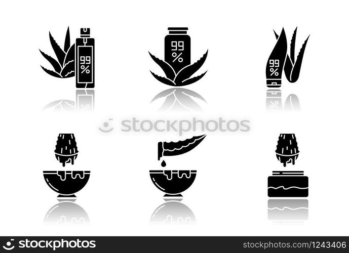 Aloe vera drop shadow black glyph icons set. Medicinal herbs juice. Healing liquid from plants. Natural cosmetic products for skincare. Leaf, sprout. Isolated vector illustrations on white space