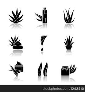 Aloe vera drop shadow black glyph icons set. Organic cosmetical spray. Spa treatment with medicinal herbs. Plant sprouts. Potted houseplant. Cream, wax. Isolated vector illustrations on white space