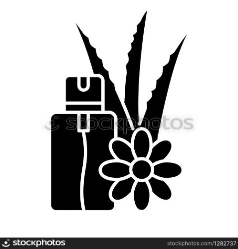 Aloe vera emergency spray black glyph icon. Vegan cosmetic in aerosol. Natural floral essence. Medical liquid with herbs in bottle. Silhouette symbol on white space. Vector isolated illustration