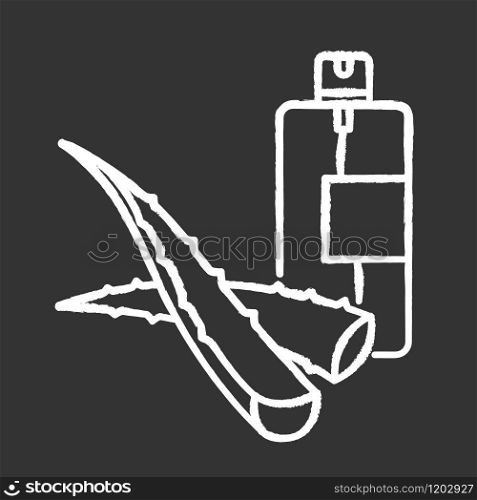 Aloe vera emergency spray chalk white icon on black background. Cosmetic product in aerosol. Natural essence. Plant based serum. Skincare and haircare. Isolated vector chalkboard illustration