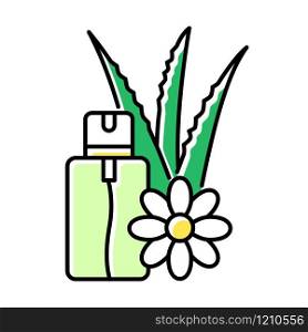 Aloe vera emergency spray green color icon. Vegan cosmetic in aerosol. Natural floral essence. Plant based serum and oil. Medical liquid with herbs in bottle. Isolated vector illustration