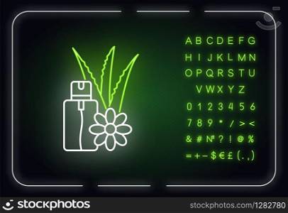 Aloe vera emergency spray neon light icon. Vegan cosmetic in aerosol. Natural floral essence. Outer glowing effect. Sign with alphabet, numbers and symbols. Vector isolated RGB color illustration