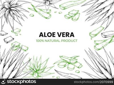 Aloe Vera framing. Hand drawn botanical background with plant leaves sketch. Evergreen succulent engraving for cosmetics and beauty natural products packaging. Organic ingredient. Vector illustration. Aloe Vera framing. Hand drawn botanical background with leaves sketch. Evergreen succulent engraving for cosmetics and beauty products packaging. Organic ingredient. Vector illustration