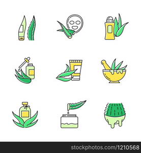 Aloe vera green color icons set. Antiperspirant with medicinal herbs. Cosmetic products for skincare. Plant based cream and lotion. Oil essence. Cactus juice. Isolated vector illustrations