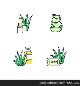 Aloe vera green color icons set. Bathing products with organic ingredients. Natural lip balm. Slices of cactus. Cut succulent. Lotion package. Cosmetic for skincare. Isolated vector illustrations