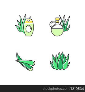 Aloe vera green color icons set. Botanical sprouts. Medicinal herb. Cactus and succulent leaf. Cosmetic cream. Natural lotion. Plant oil and juice. Healthy skincare. Isolated vector illustrations
