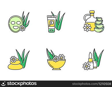 Aloe vera green color icons set. Cosmetology. Spa treatment. Facial mask. Natural cosmetic for moisturizing. Herbal oil. Organic lip balm. Skincare products. Isolated vector illustrations