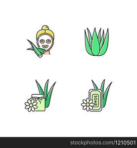 Aloe vera green color icons set. Female facial mask. Spa treatment. Medicinal plant sprouts. Bathing products. Plant based wax. Dermatology and cosmetic. Isolated vector illustrations