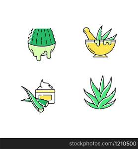 Aloe vera green color icons set. Juice from cut succulent. Liquid from sliced cactus leaf. Mortar with pestle for botanical ingredients. Natural cream. Organic cosmetic. Isolated vector illustrations