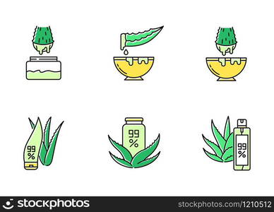 Aloe vera green color icons set. Medicinal herbs juice. Pure organic lotion. Healing liquid from plants. Natural cosmetic products for skincare. Leaf, sprout. Isolated vector illustrations