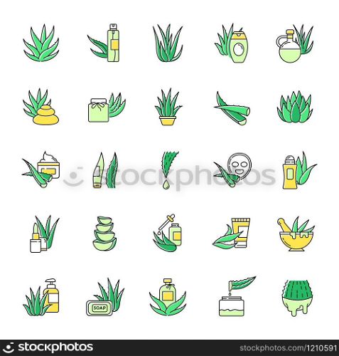 Aloe vera green color icons set. Natural cosmetic and dermatology. Medicinal herbs. Succulent, cactus. Healthy skincare products. Moisturizing cream and facial mask. Isolated vector illustrations