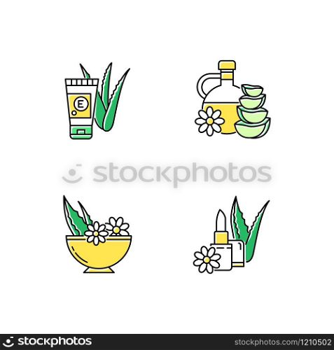 Aloe vera green color icons set. Organic cream with vitamin. Medicinal herbs in bowl. Moisturizing oil. Plant based lip balm. Cosmetic products for skincare. Isolated vector illustrations