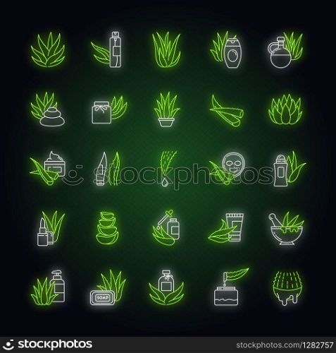 Aloe vera neon light icons set. Natural cosmetic. Medicinal herbs. Healthy skincare products. Moisturizing cream, facial mask. Signs with outer glowing effect. Vector isolated RGB color illustrations